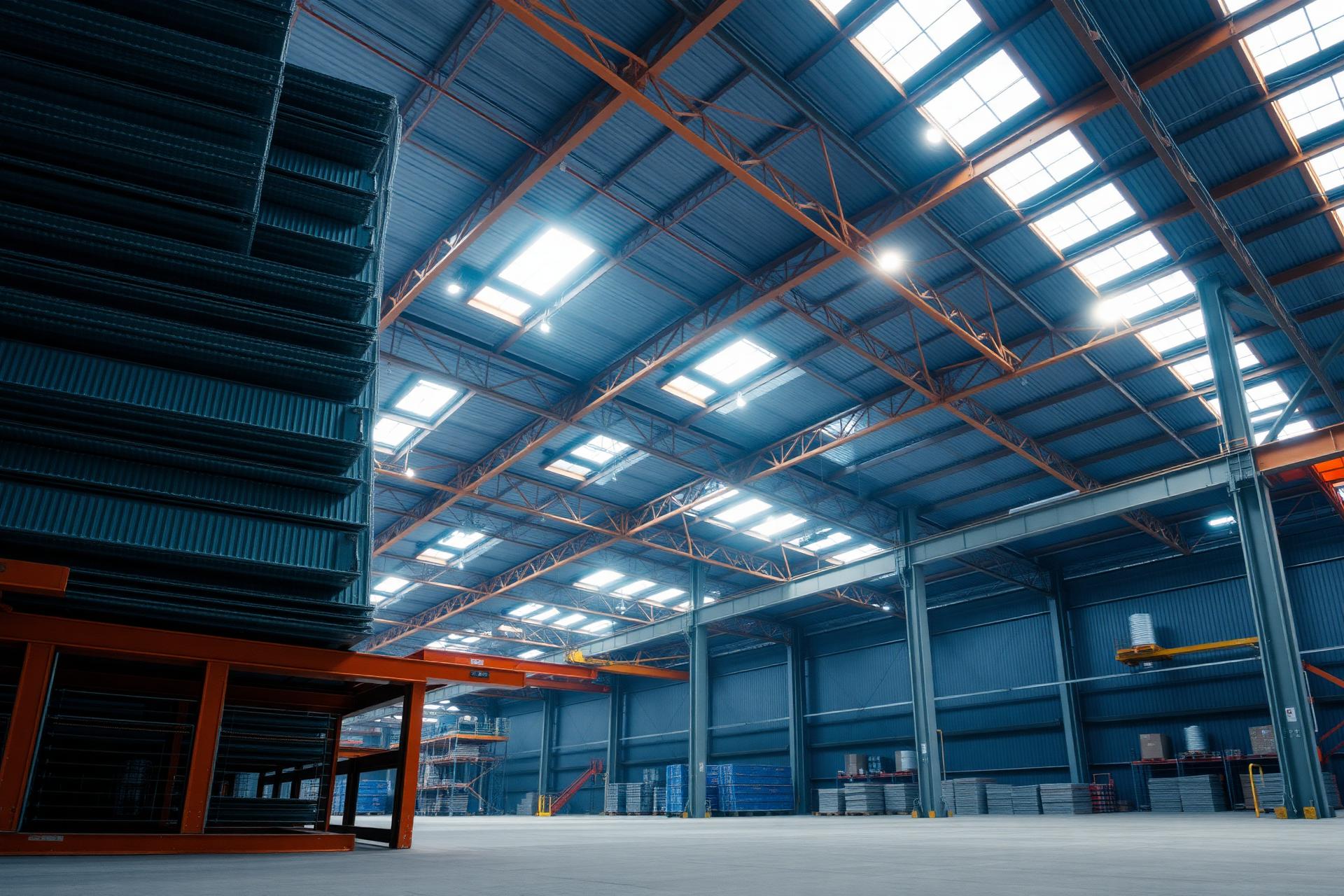 Industrial warehouse storing spandek roofing and steel frames